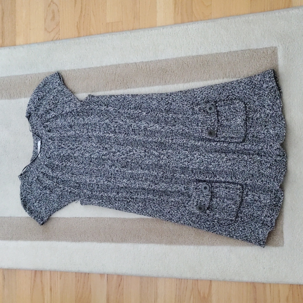 Black and White Cable Knit Short Sleeve Sweater Dress / Tunic with Pockets